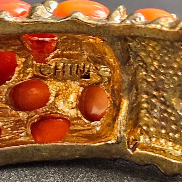 Kenneth Jay Lane Style Coral Red Orange Cabochon Hinged Heavy Bangle Bracelet - Picture 7 of 16